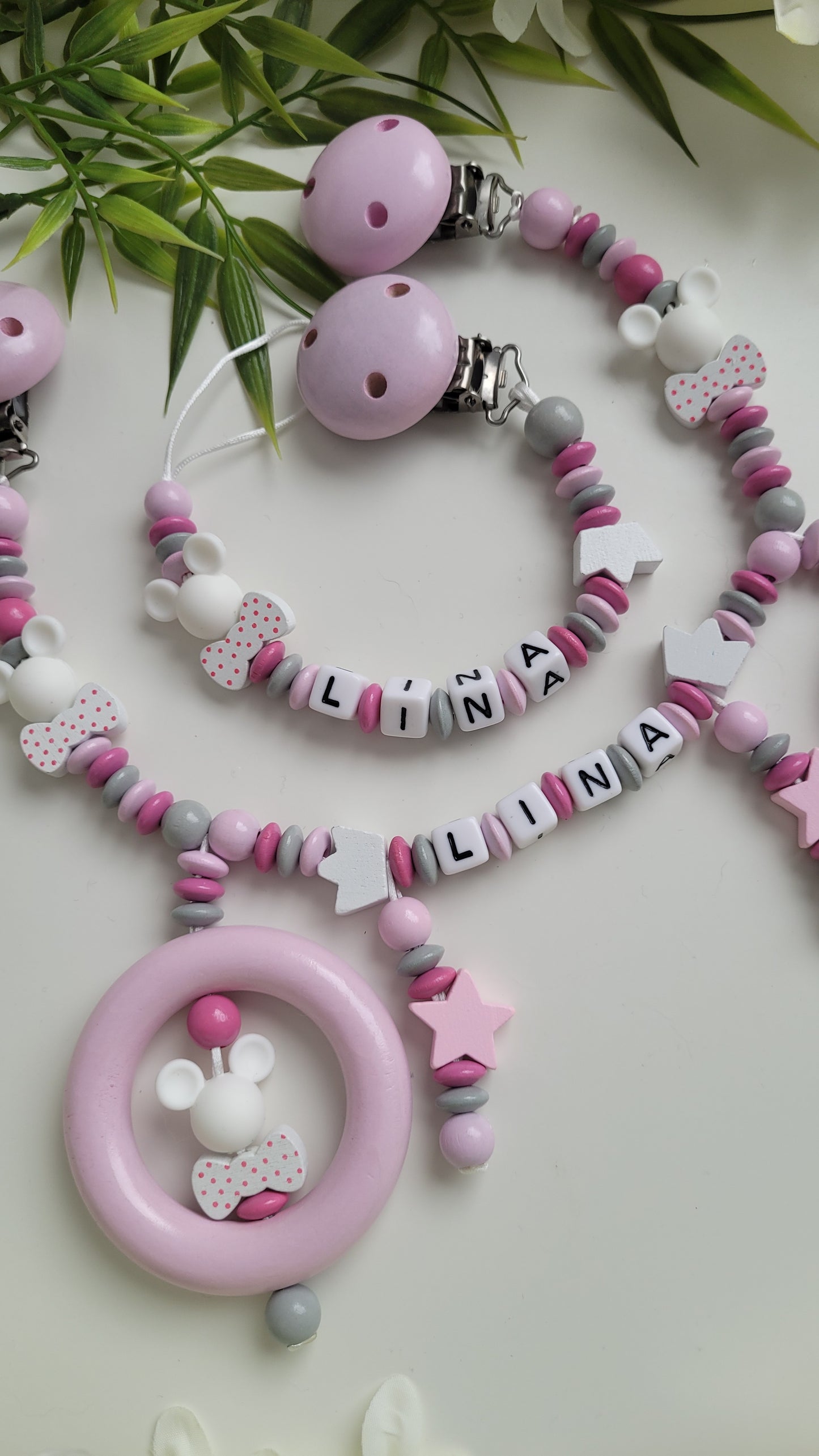 Kinderwagenkette & Schnullerkette Pink Minnie mit Namen für Mädchen