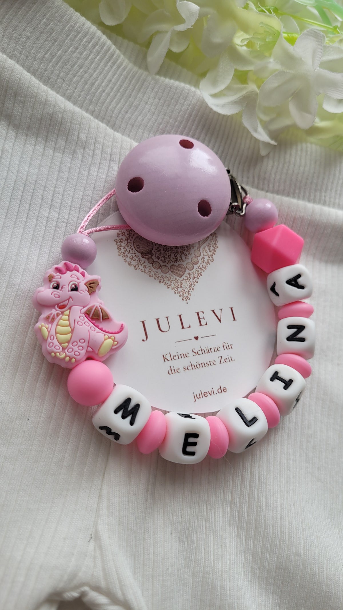 Schnullerkette mit Namen Drache pink Silikon | personalisiert