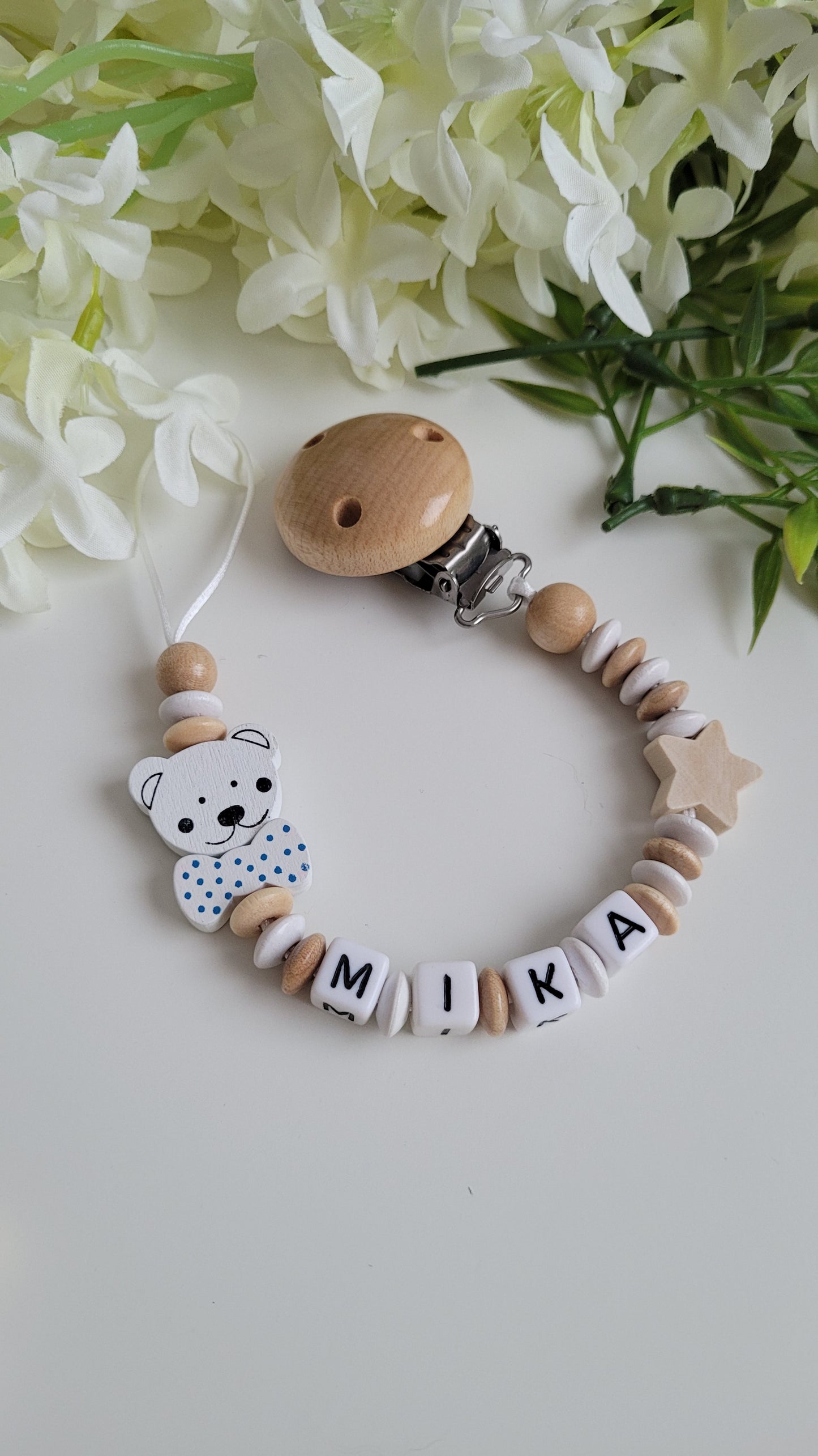 Kinderwagenkette & Schnullerkette mit Namen Teddy Spielringe