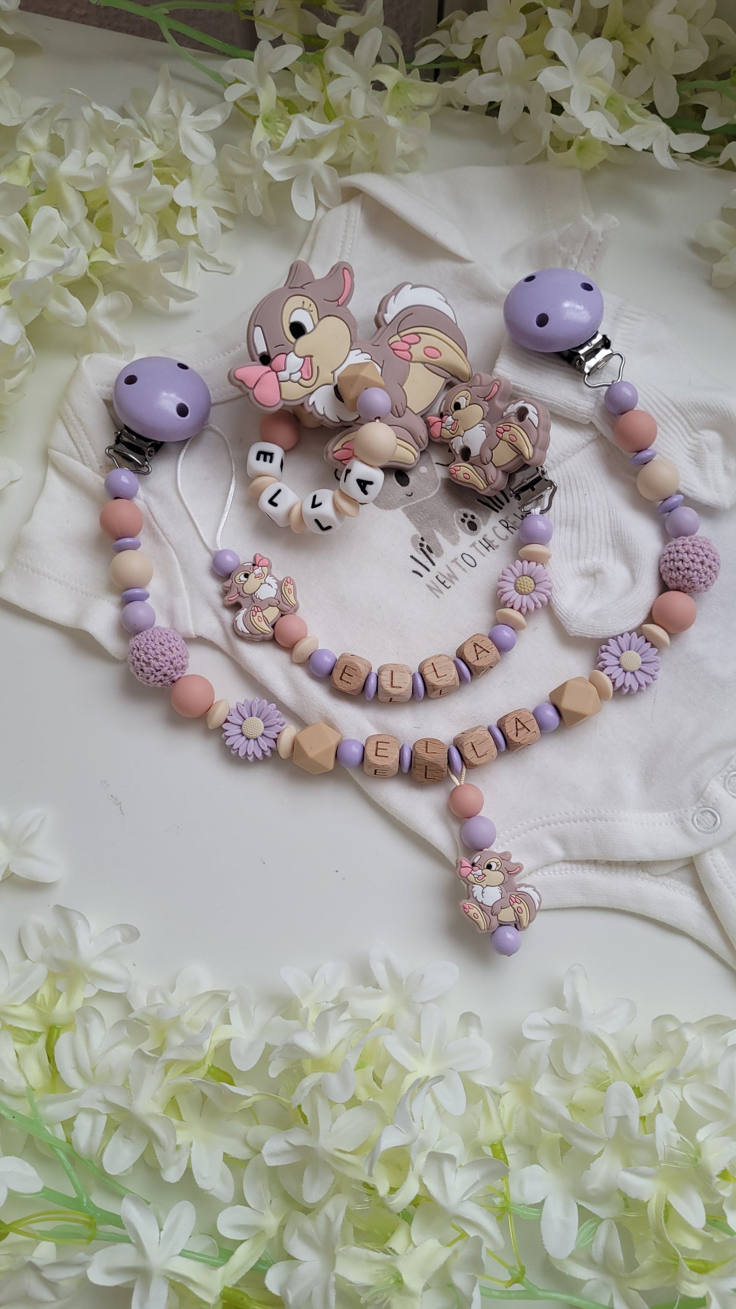 3tlg Set Schnullerkette Kinderwagenkette Greifling Hase