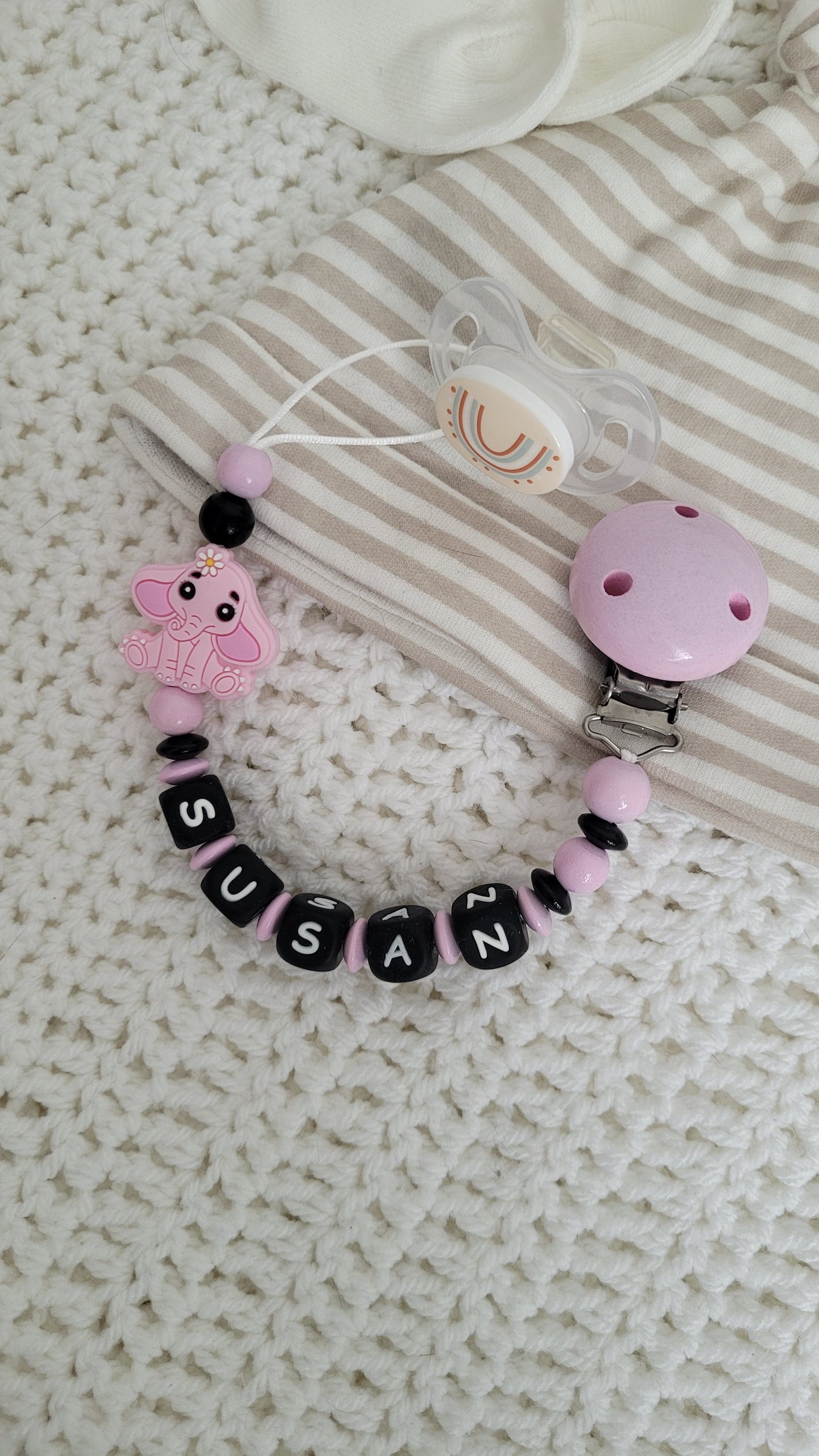 Schnullerkette mit Namen für Mädchen Elefant rosa