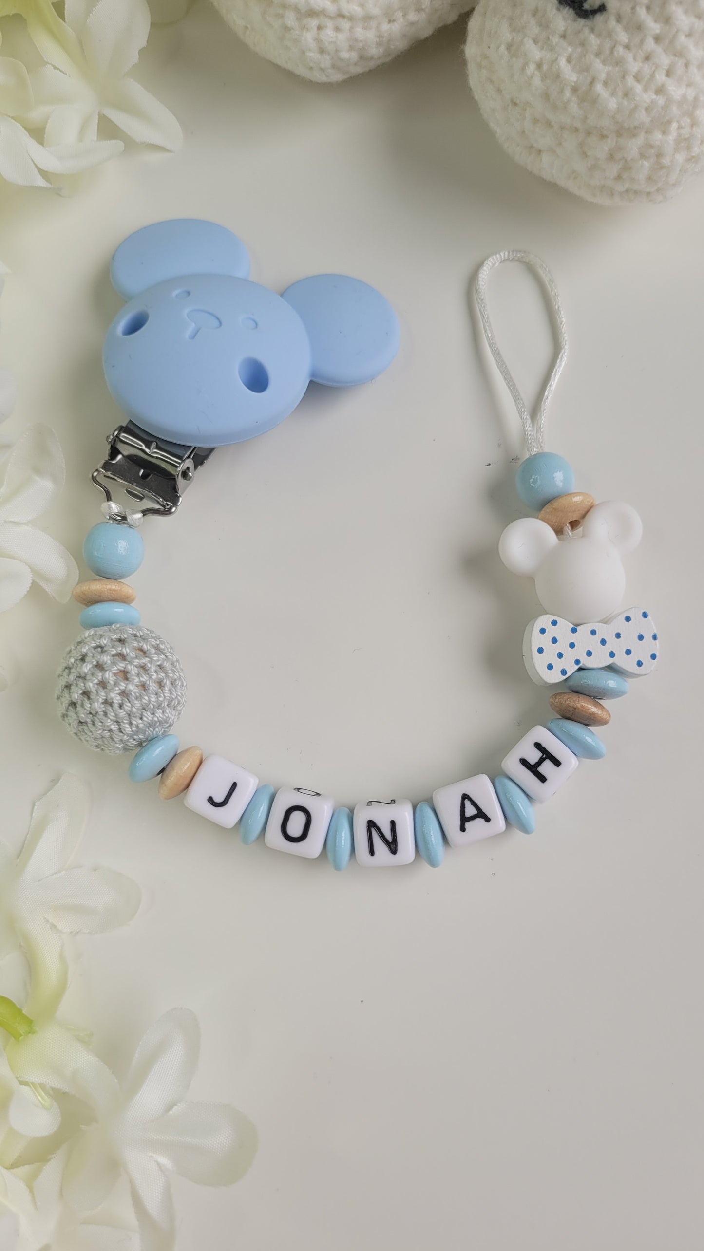 Schnullerkette mit Namen für Jungen blau Mausclip