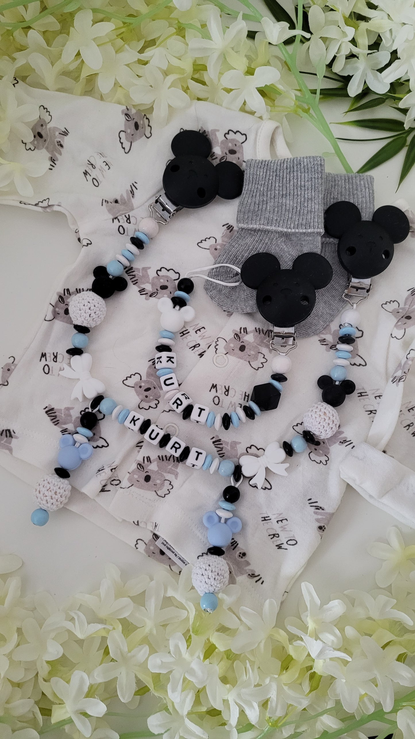 Kinderwagenkette & Schnullerkette * Maus* blau schwarz weiß