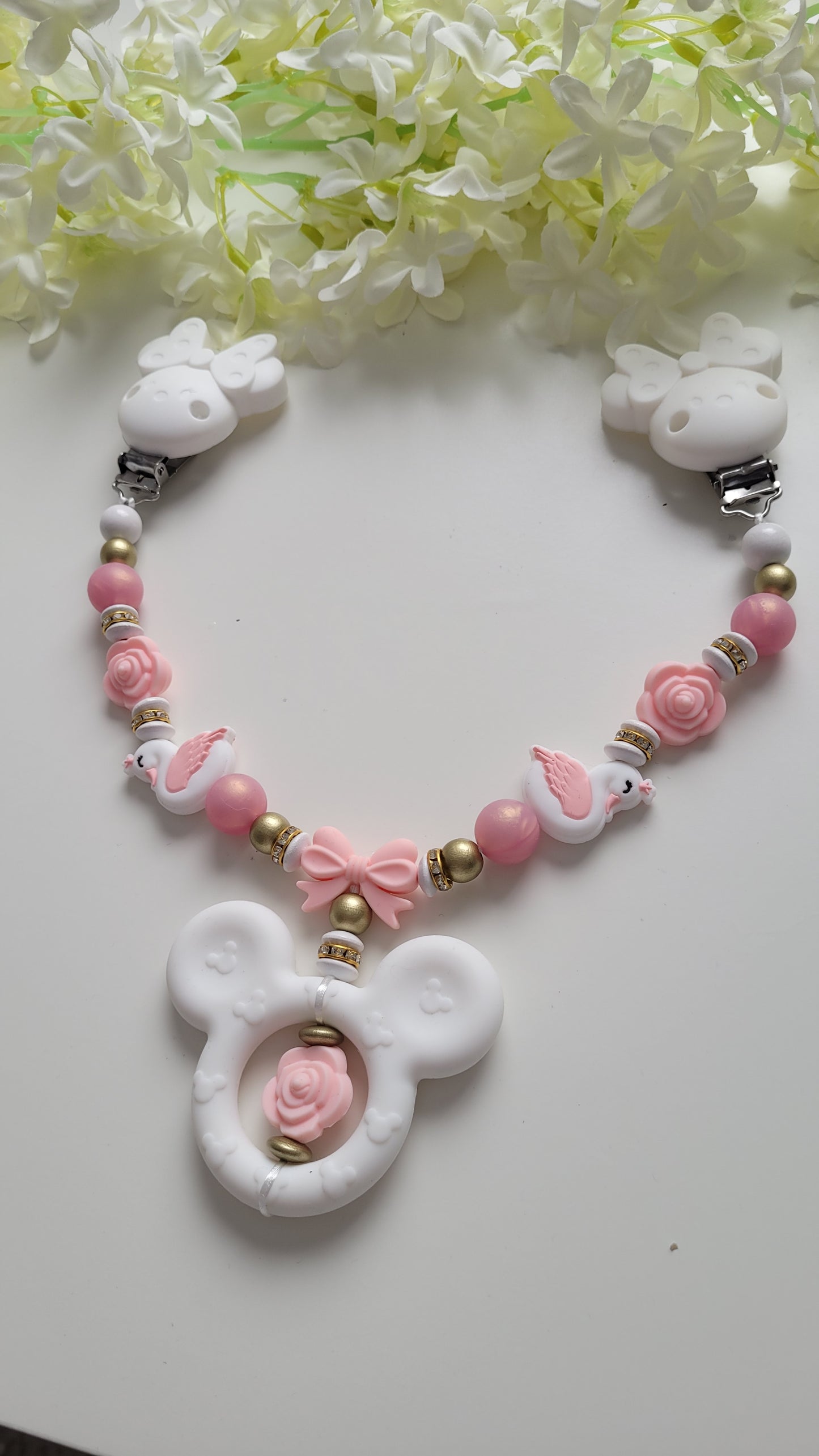 Kinderwagenkette & Schnullerkette *Schwan Prinzessin* rosegold