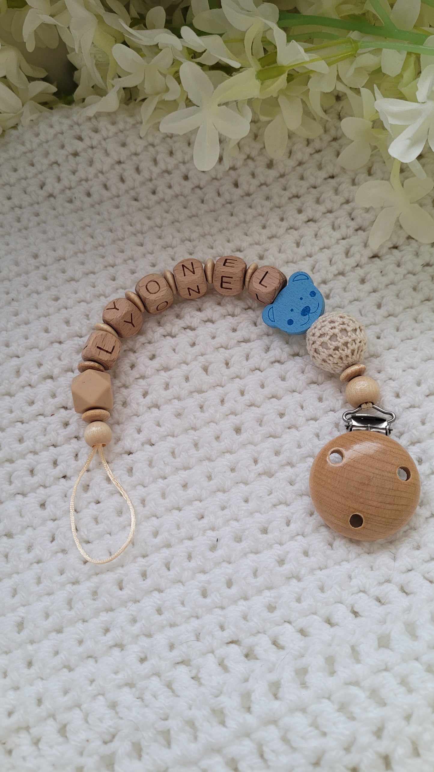 Schnullerkette Bärchen mit Namen holz natur