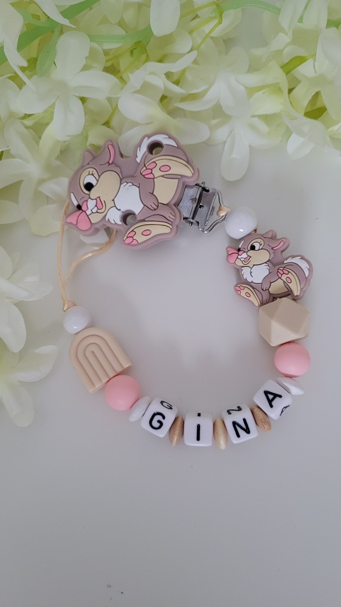 Kinderwagenkette & Schnullerkette *Häschen* peach beige weiss
