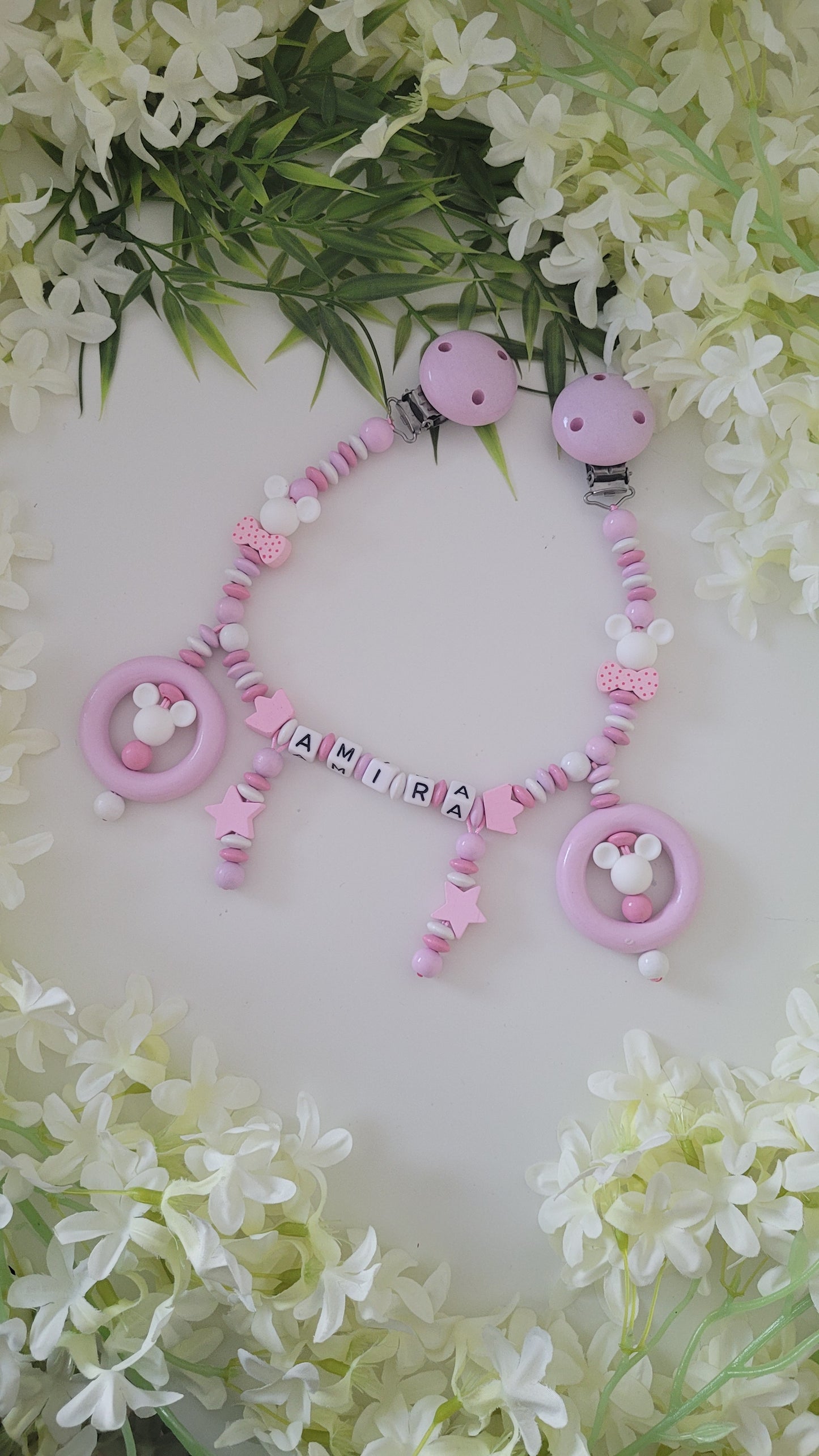 Kinderwagenkette & Schnullerkette Prinzessin Minnie mit Namen für Mädchen
