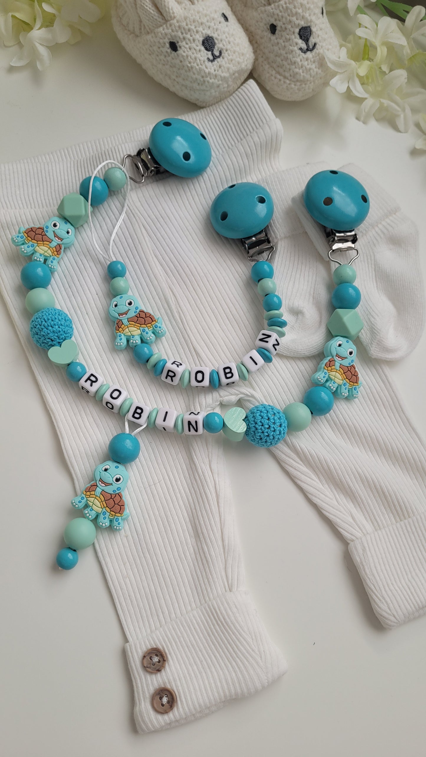 Kinderwagenkette & Schnullerkette mit Namen Schildkröte mint türkis
