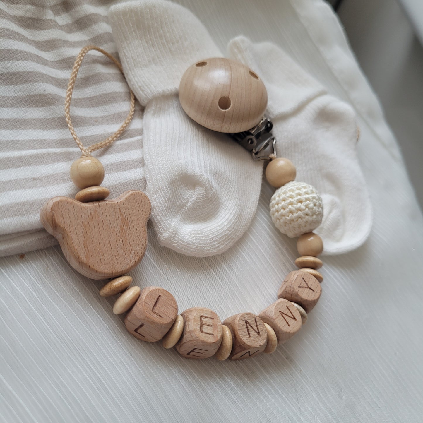 Schnullerkette mit Namen Junge Bärchen & Häkelperle holz