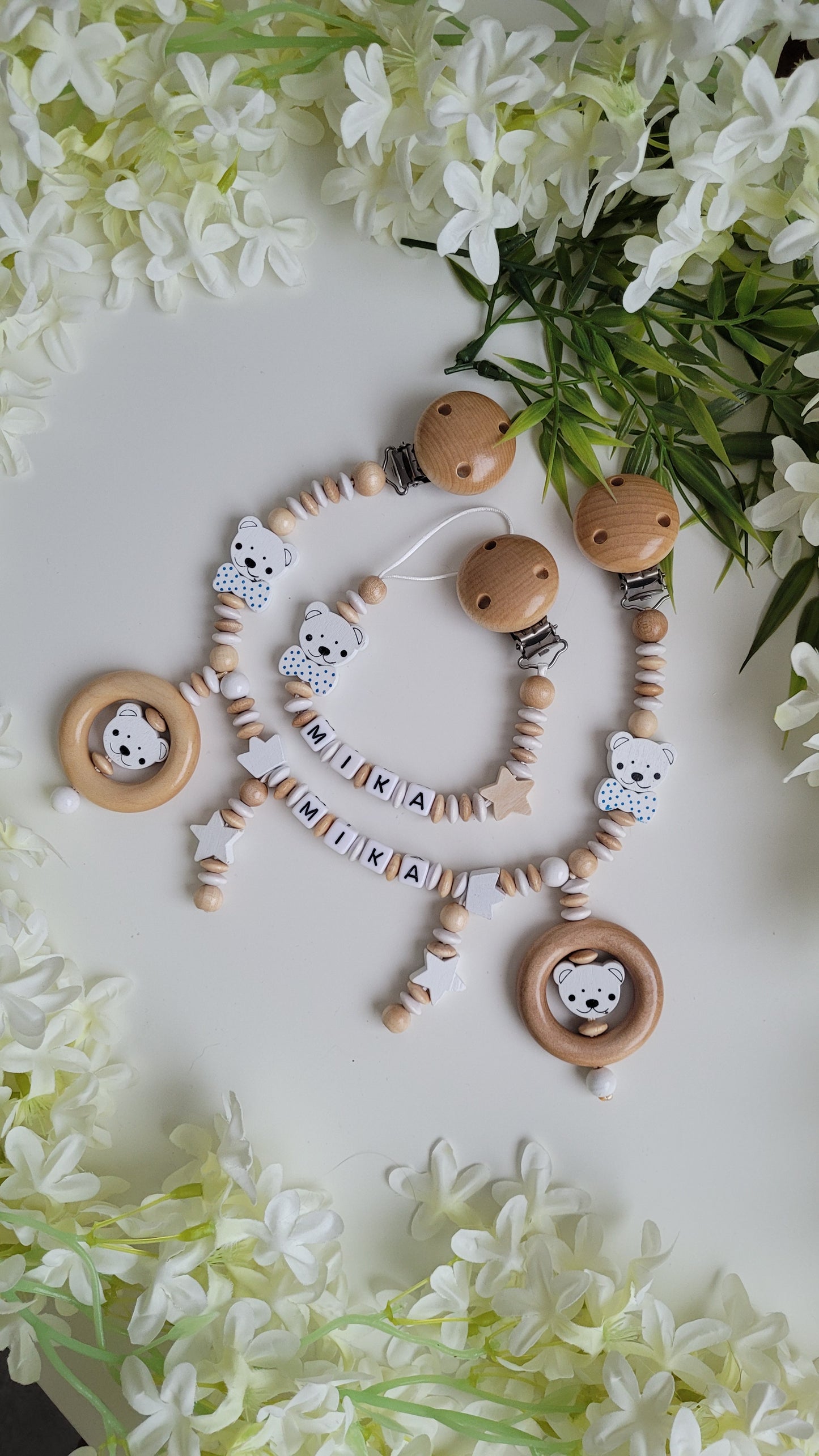 Kinderwagenkette & Schnullerkette mit Namen Teddy Spielringe