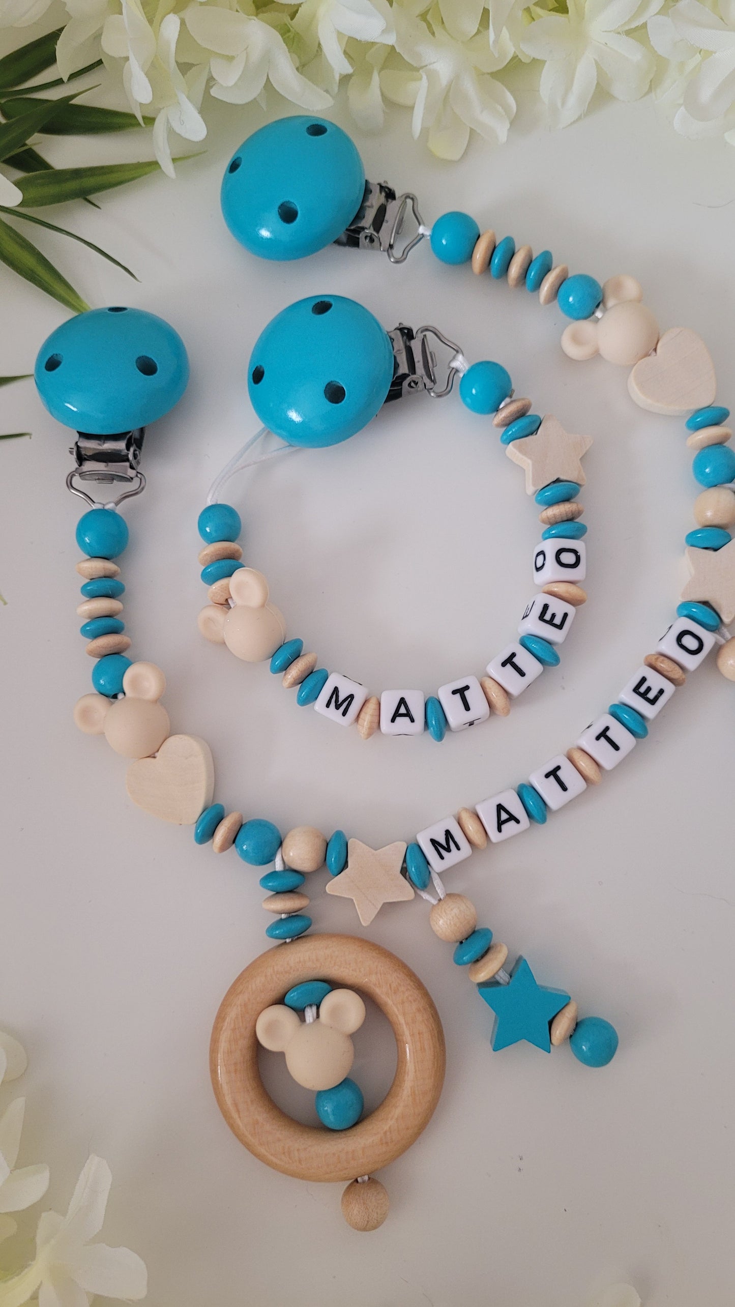 Kinderwagenkette & Schnullerkette Herz Mickey personalisiert türkis holz