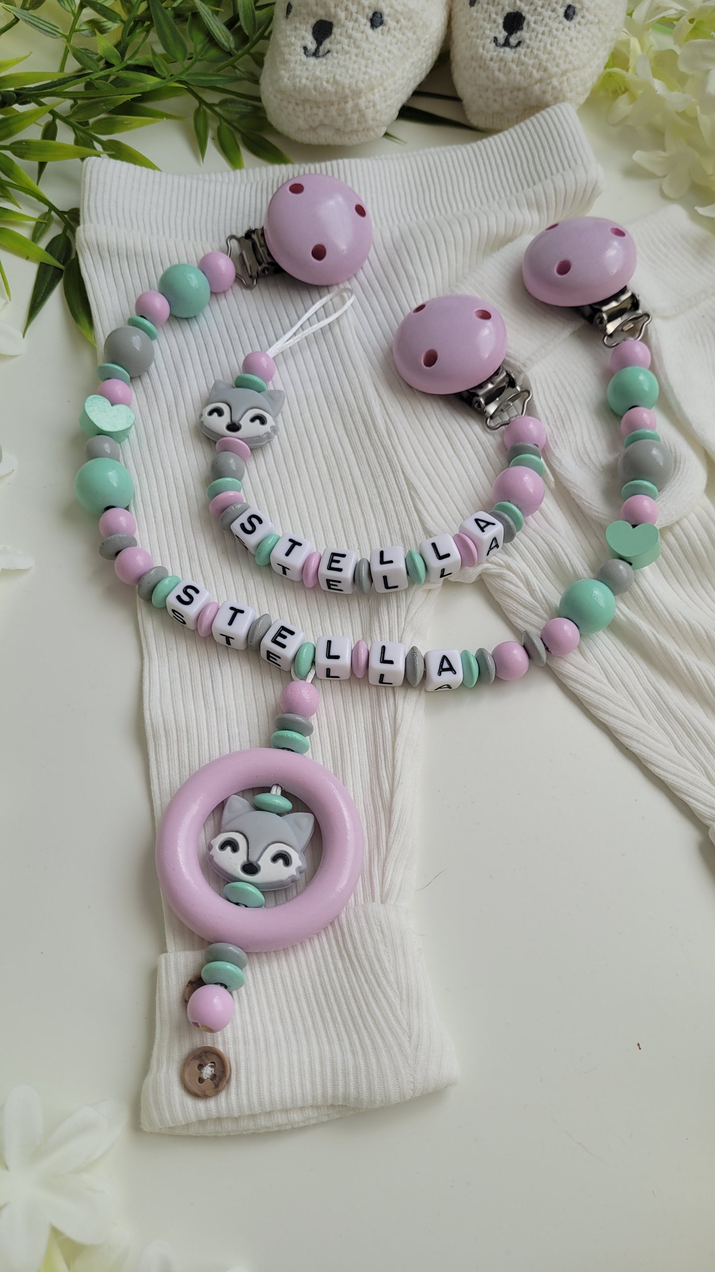 Kinderwagenkette & Schnullerkette mit Namen Fuchs rosa mint grau