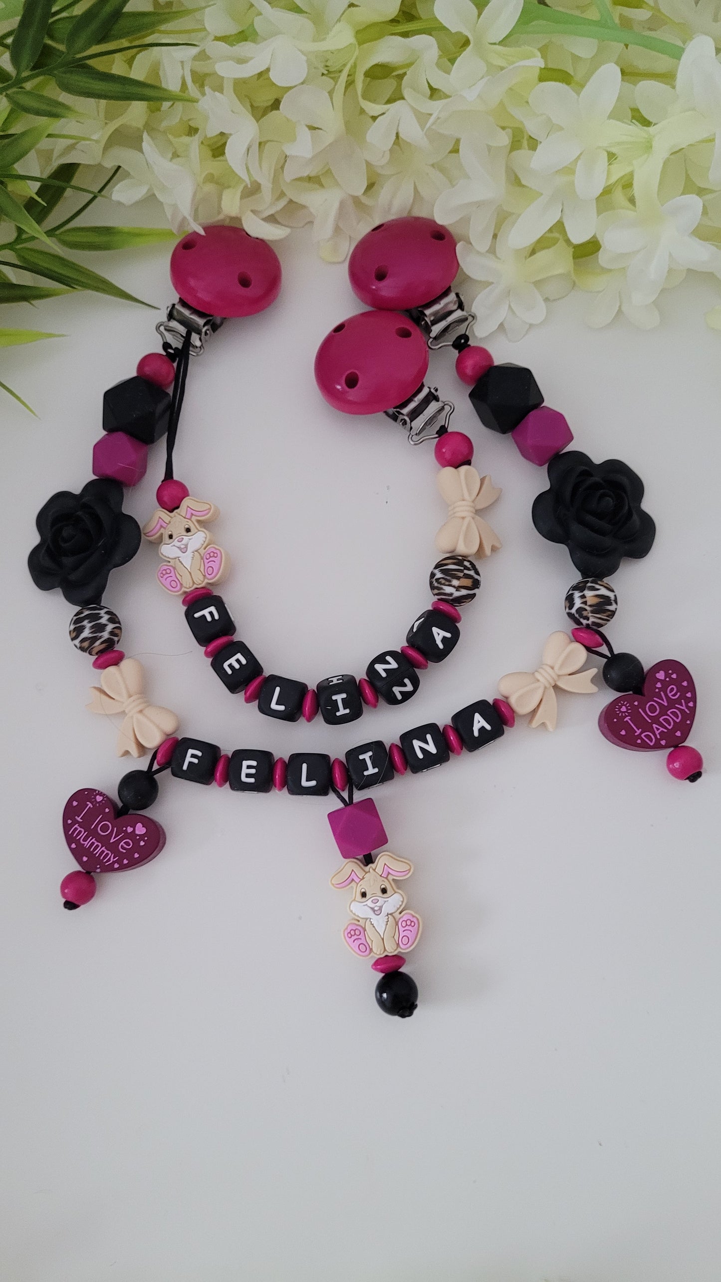 Kinderwagenkette & Schnullerkette *Häschen* pink schwarz