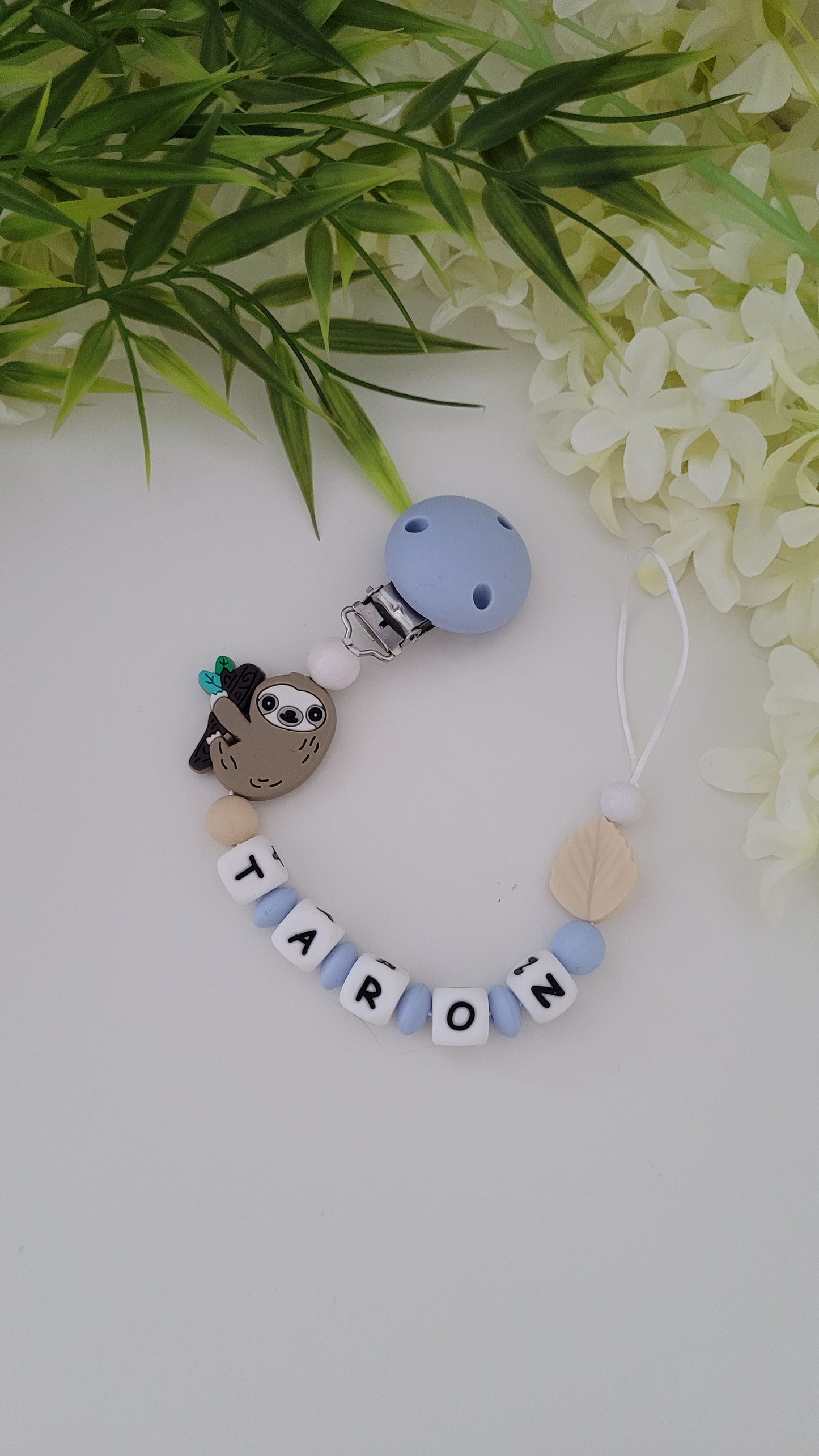 Kinderwagenkette & Schnullerkette *Faultier* blau beige