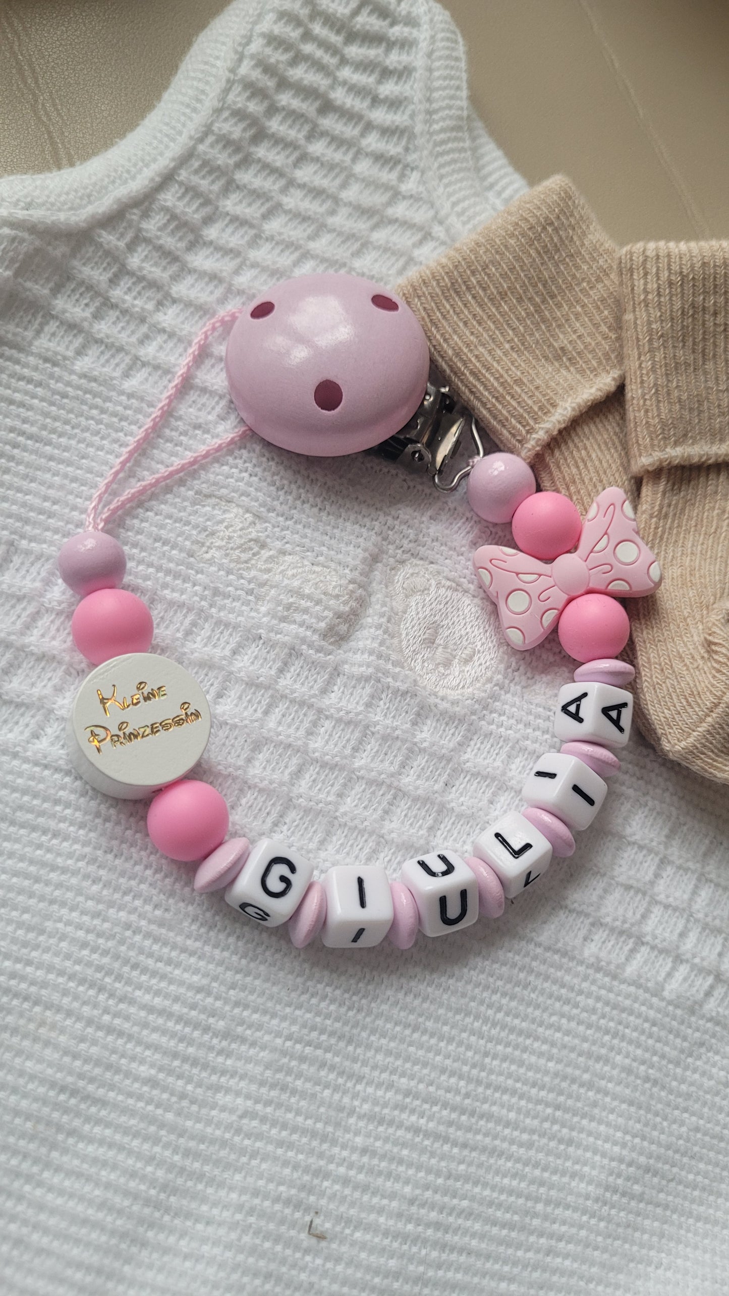 Schnullerkette mit Namen für Mädchen Kleine Prinzessin & Schleife rosa pink