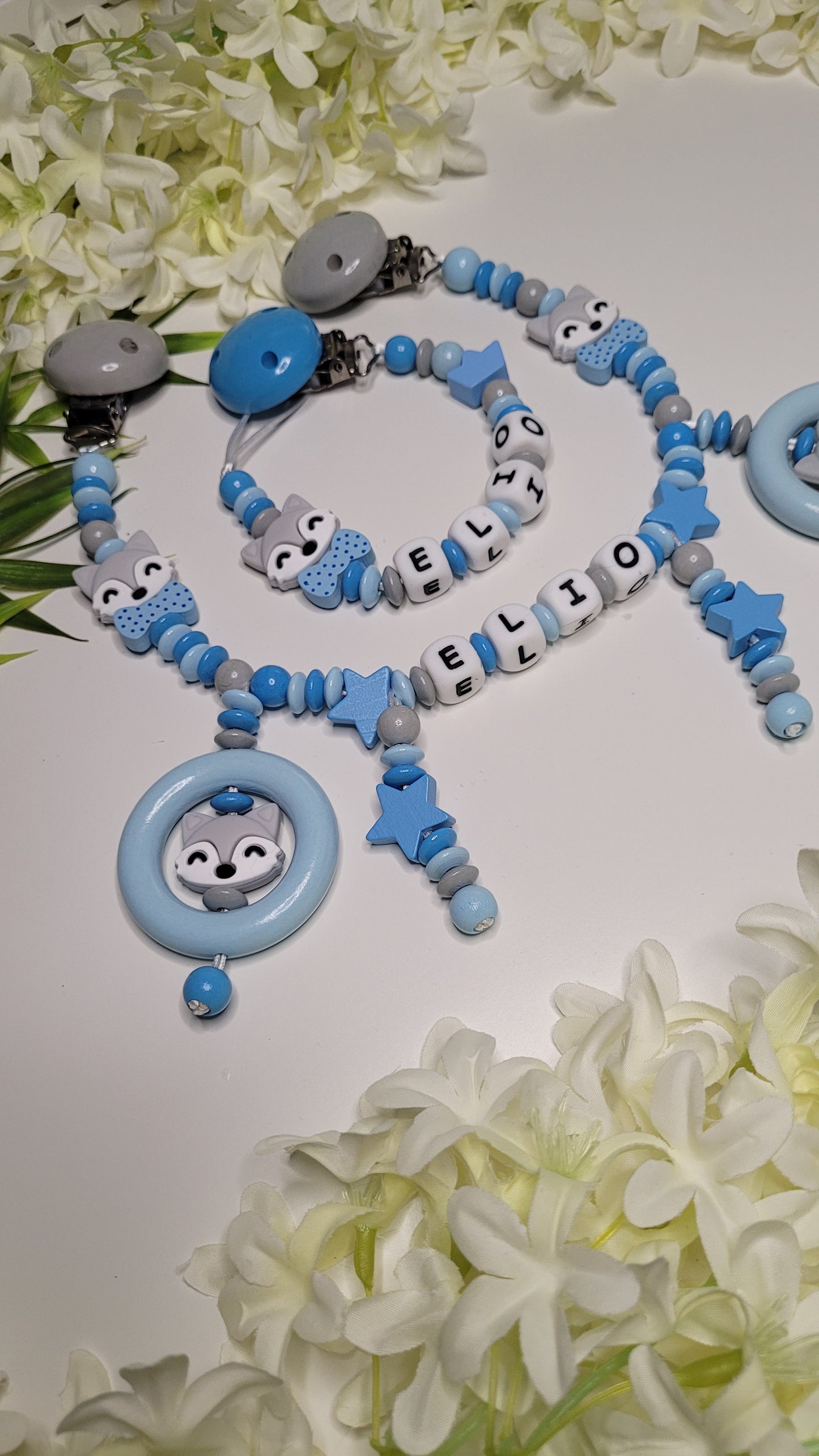 Kinderwagenkette & Schnullerkette Fuchs personalisiert blau grau