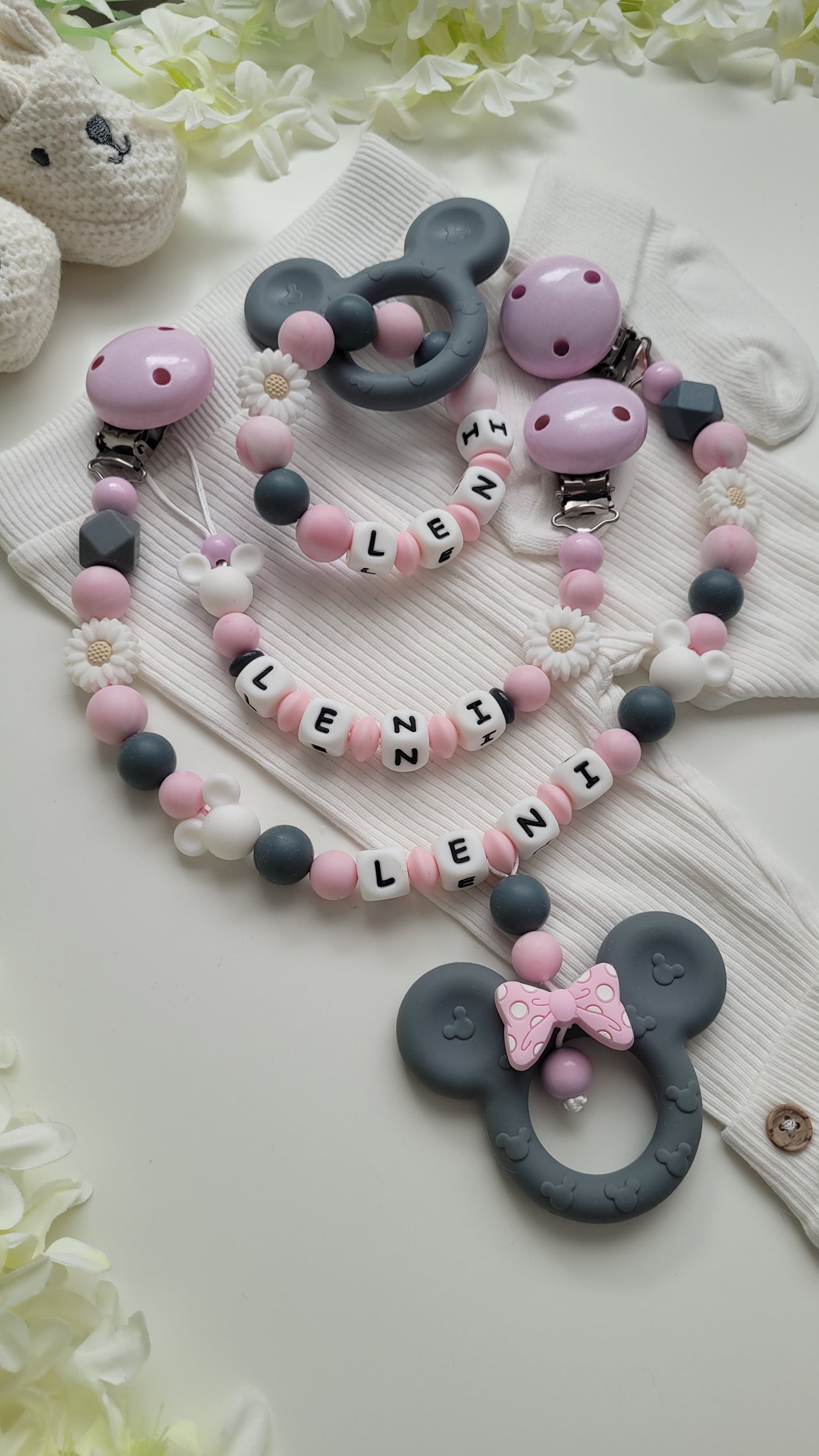 3tlg Set Schnullerkette Kinderwagenkette Greifling Maus grau rosa