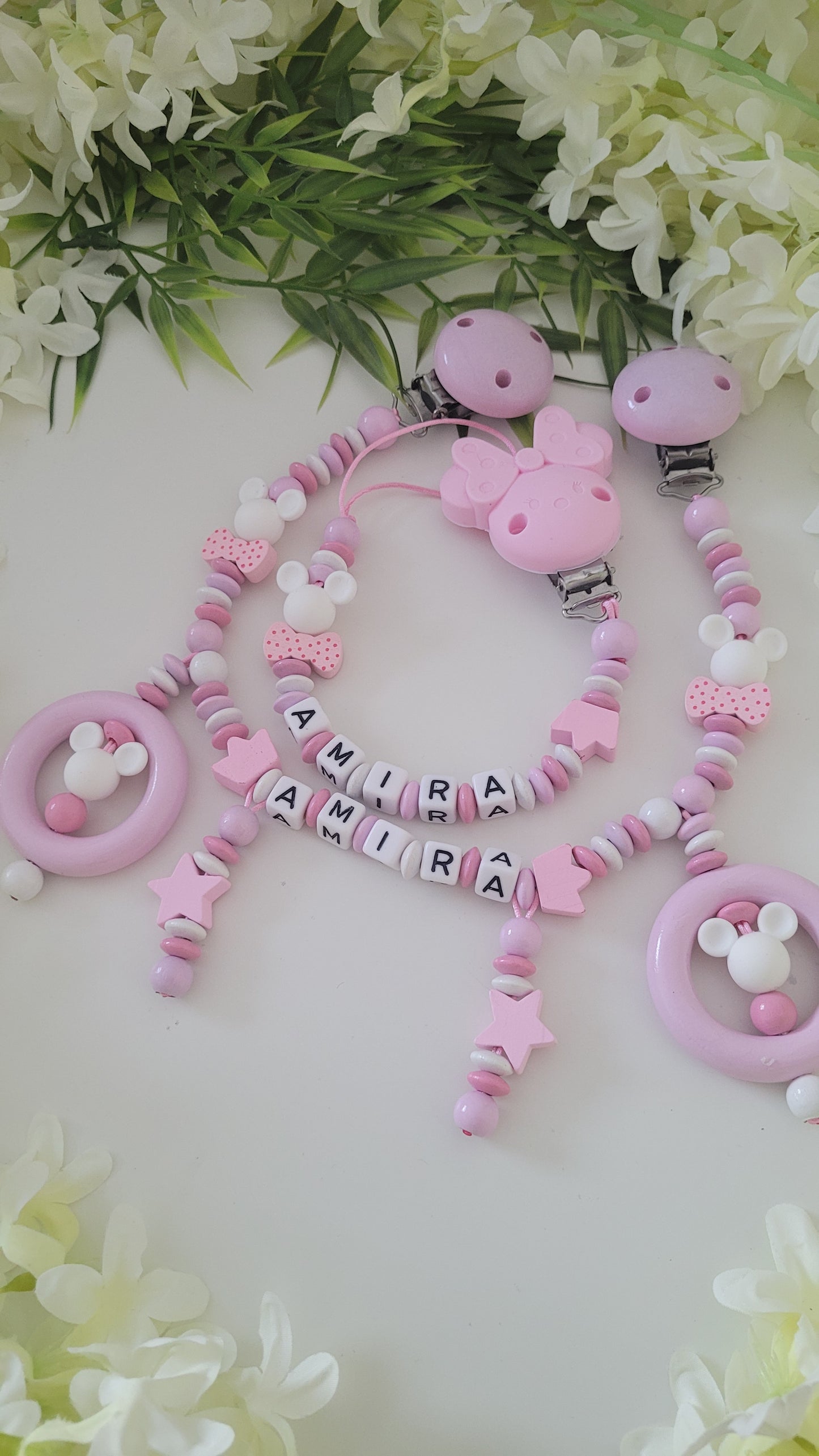Kinderwagenkette & Schnullerkette Prinzessin Minnie mit Namen für Mädchen