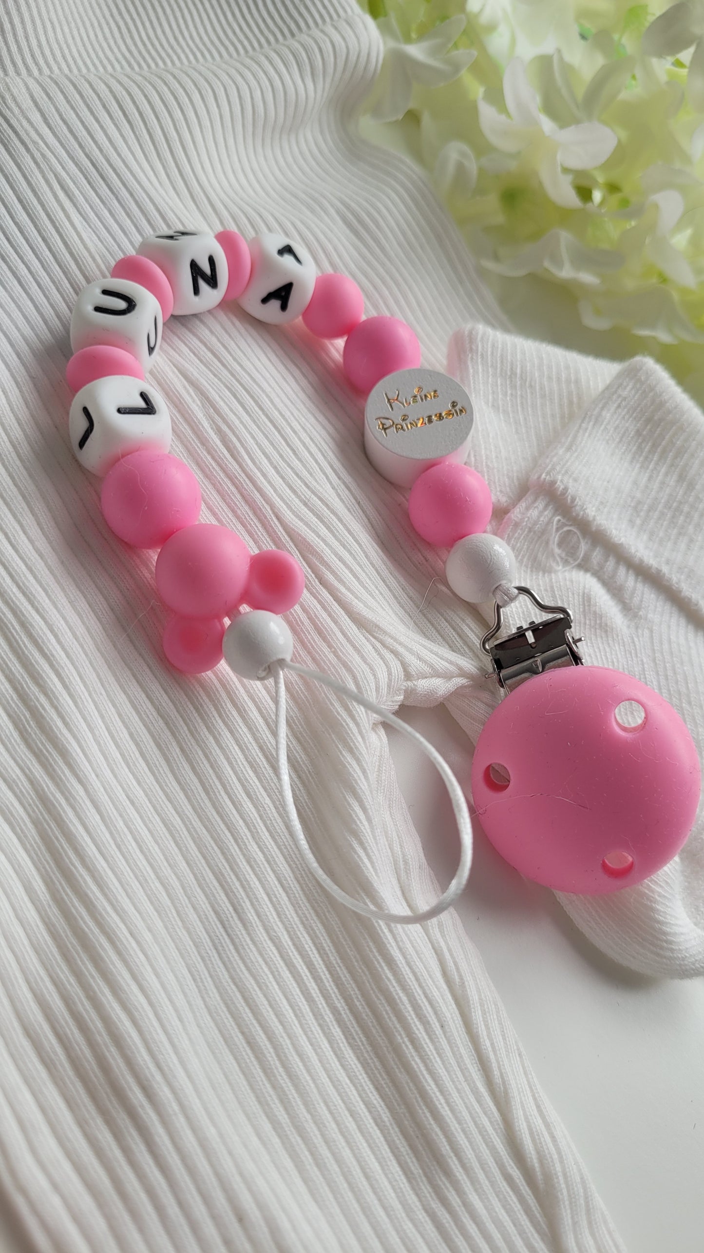 Schnullerkette mit Namen für Mädchen Pink Maus kleine Prinzessin
