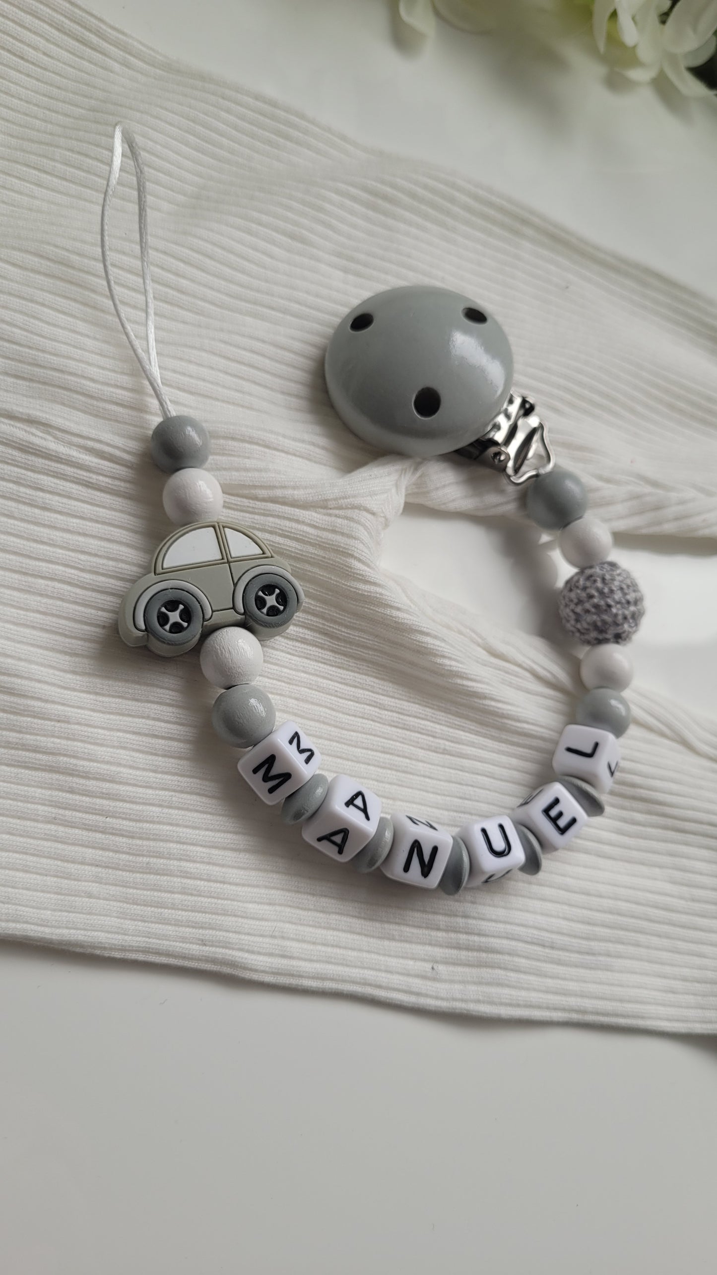 Schnullerkette mit Namen Auto grau