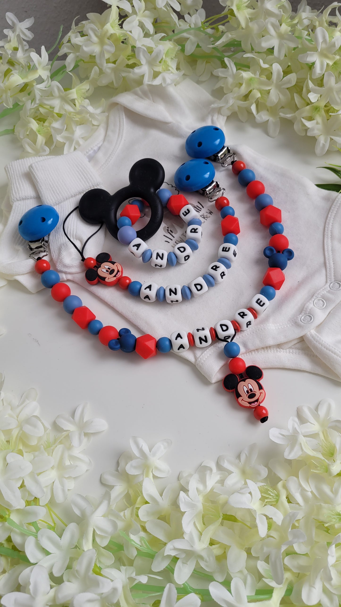 3tlg Set Schnullerkette Kinderwagenkette Greifling Mickey Maus blau rot