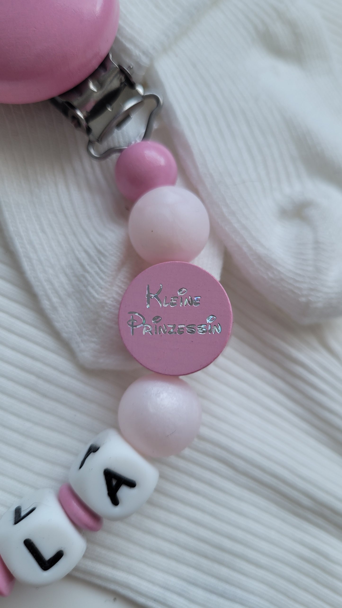 Schnullerkette mit Namen für Mädchen Maus babypink perlmutt