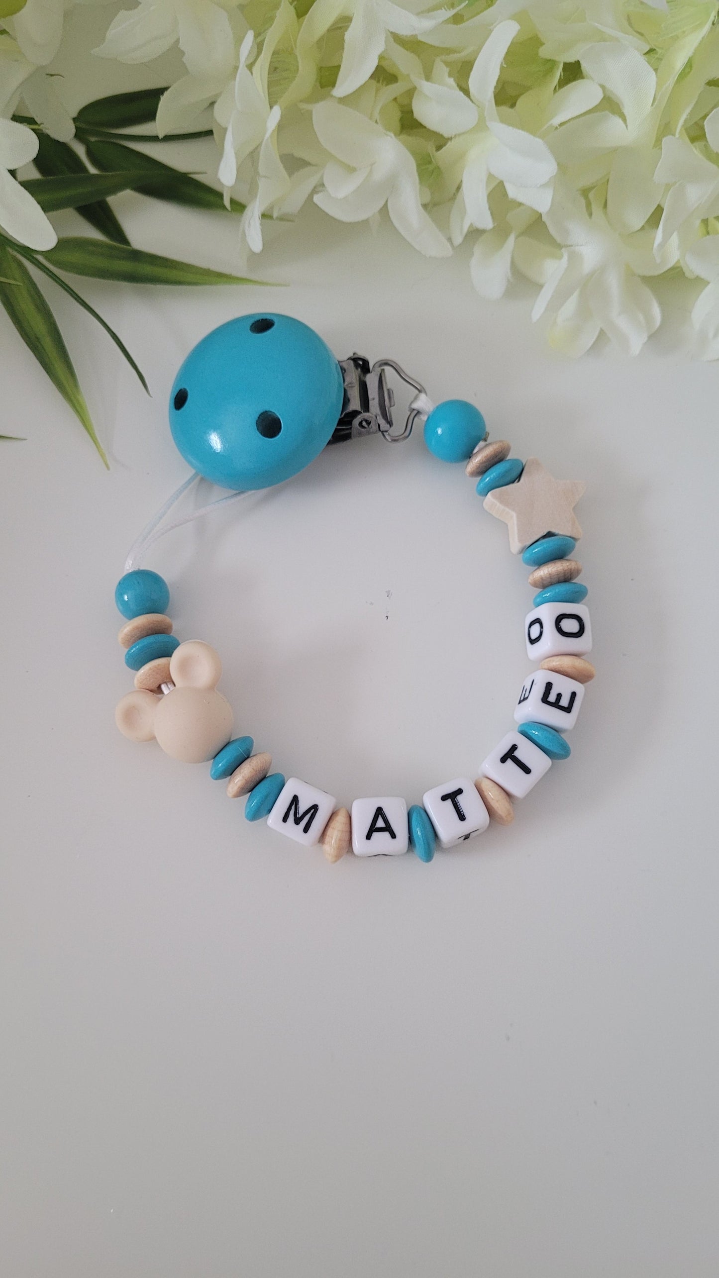 Kinderwagenkette & Schnullerkette Herz Mickey personalisiert türkis holz