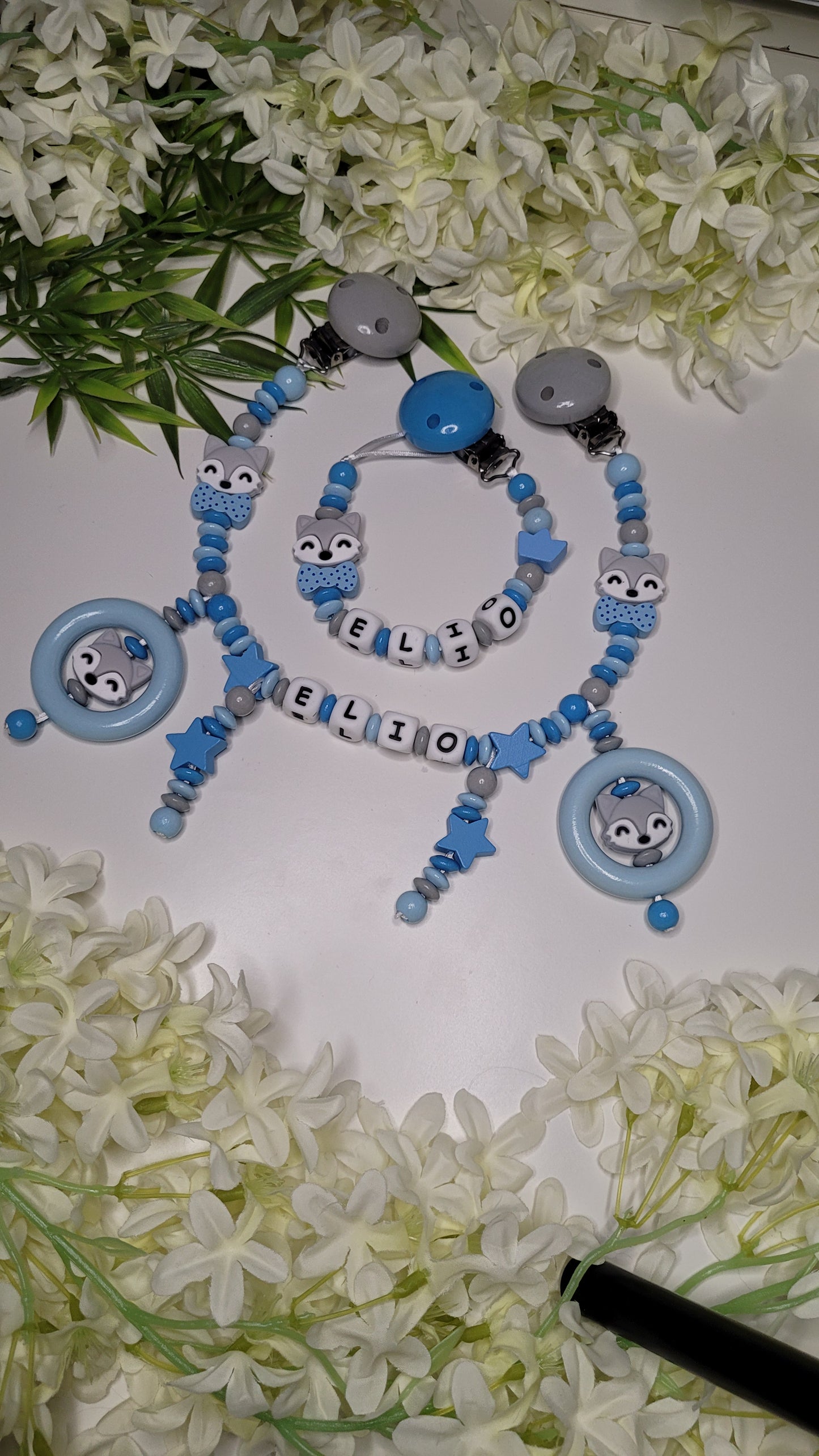 Kinderwagenkette & Schnullerkette Fuchs personalisiert blau grau
