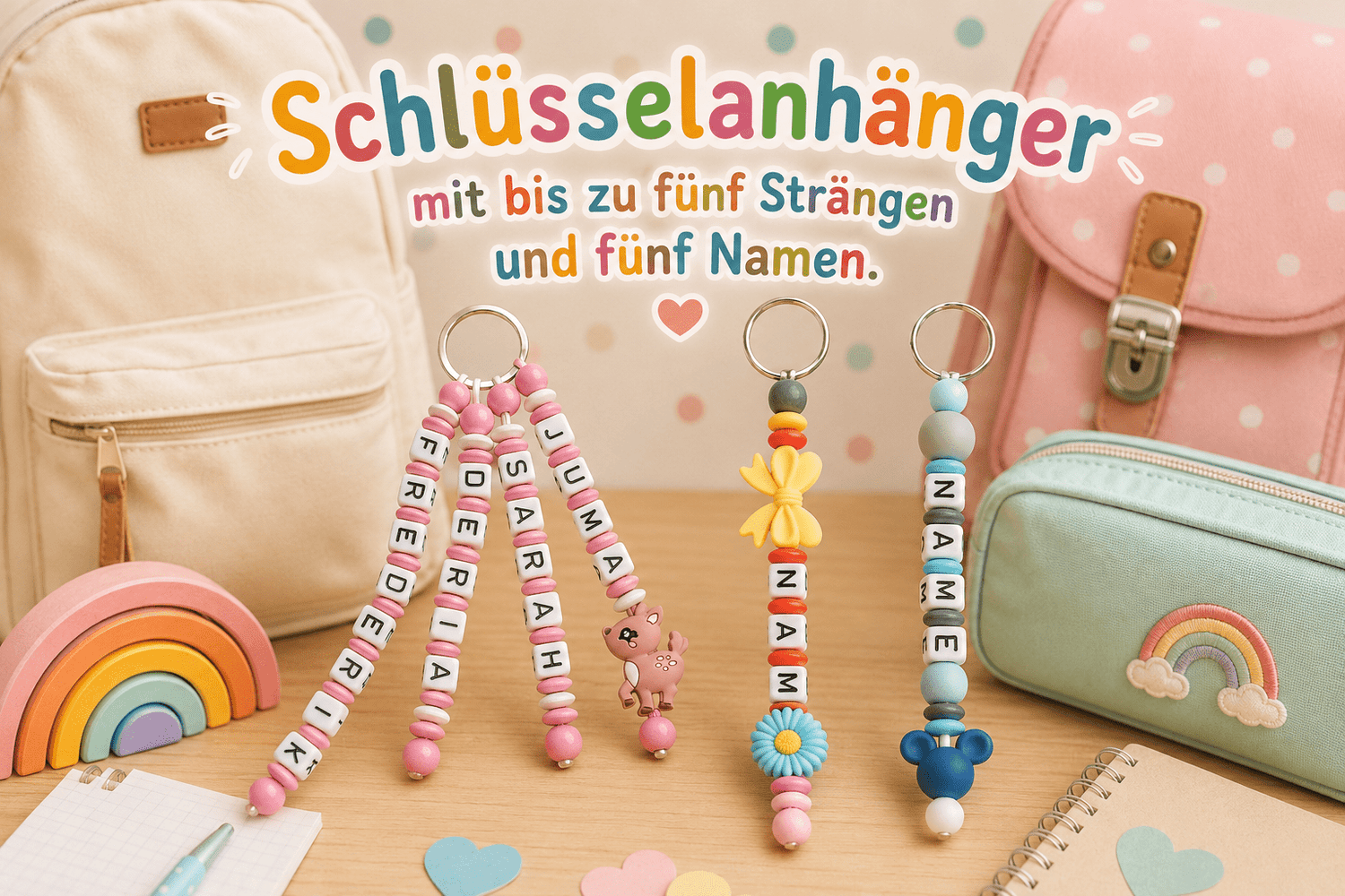 Schlüsselanhänger bis 5 Namen bunt mit Motivauswahl