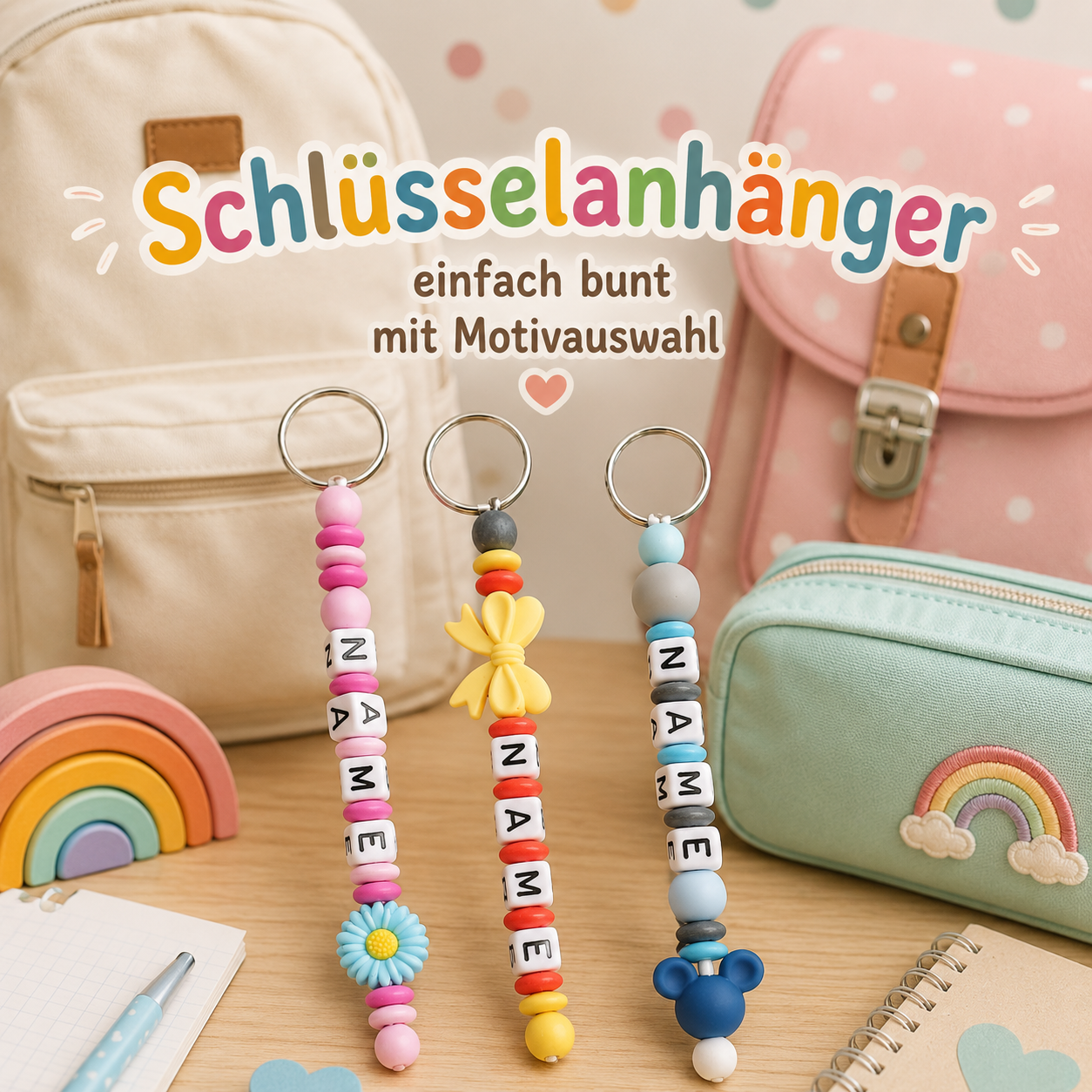Schlüsselanhänger einfach bunt mit Motivauswahl