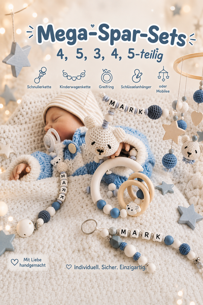 3/ 4 oder 5 teilige Babyset´s Schnullerkette Kinderwagenkette Greifringe usw.