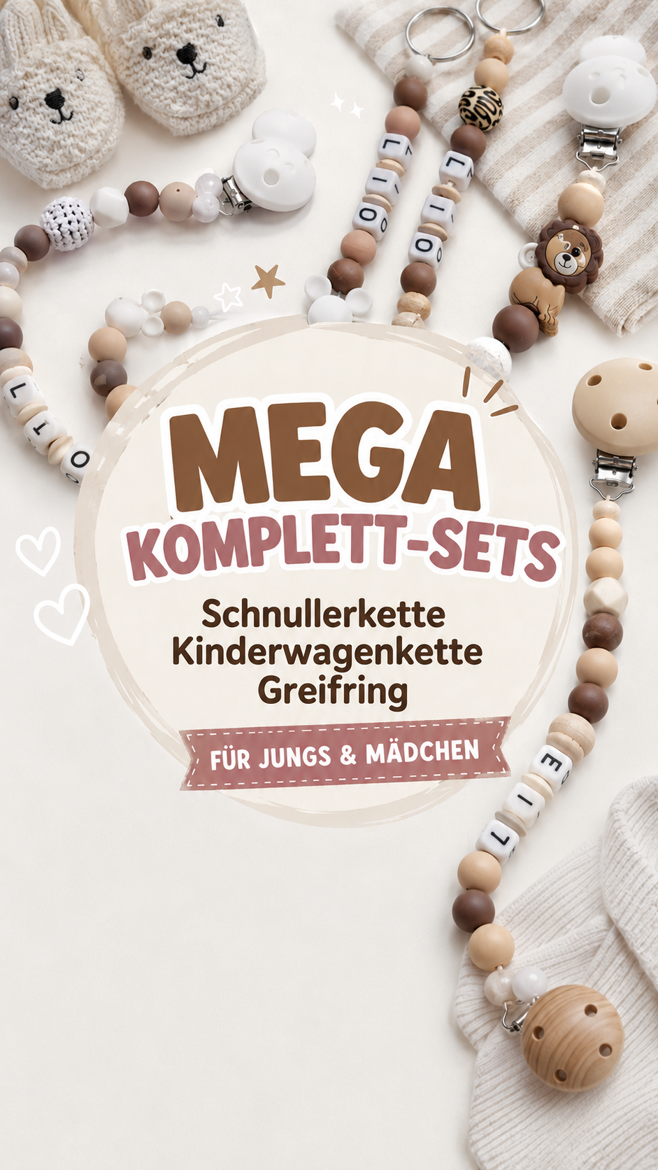 Schnullerkette Kinderwagenkette & Greifring Set mit Namen für Mädchen und Jungen
