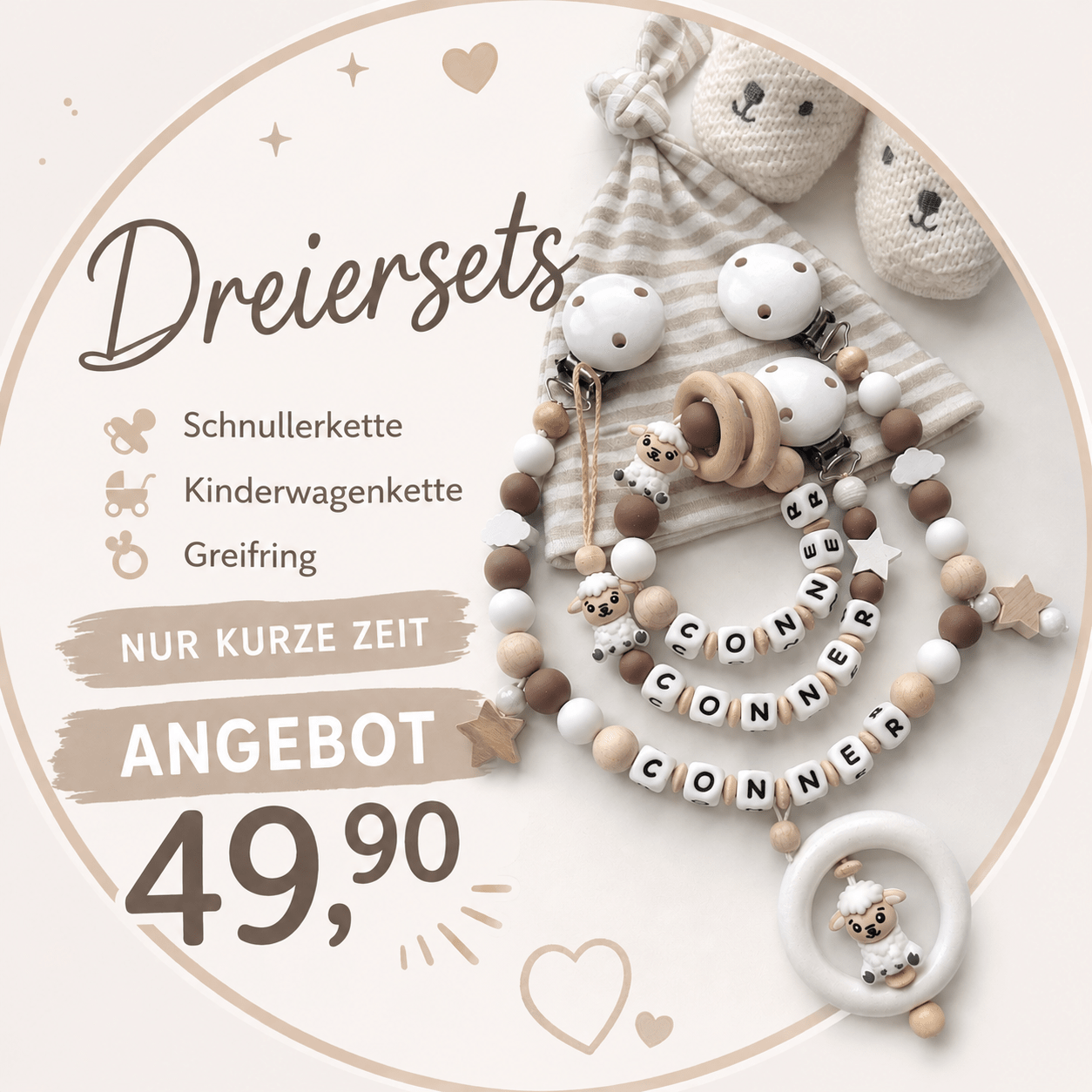 3er Sets Schnullerkette Kiwa-Kette Greifring Einzelkauf Motivwahl