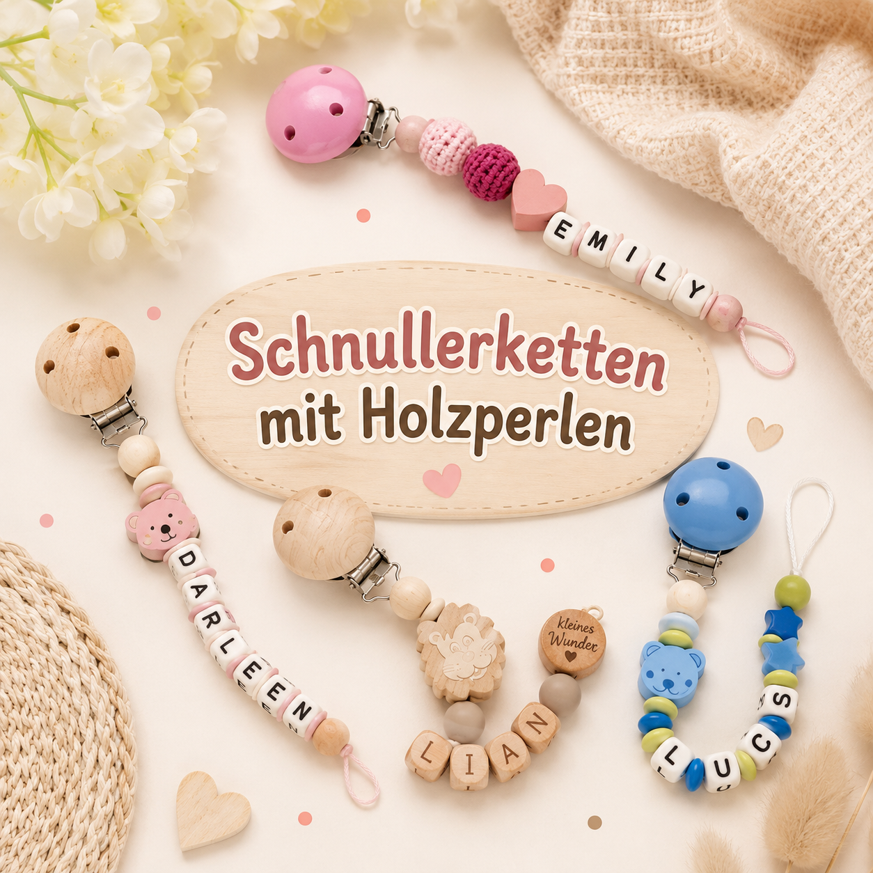 Holz Schnullerketten mit Namen für Mädchen & Jungen
