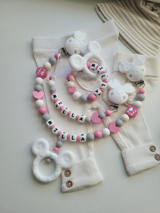 3er Set Schnullerkette, Kinderwagenkette & Mausbeißring mit Namen babyrosa weiss grau