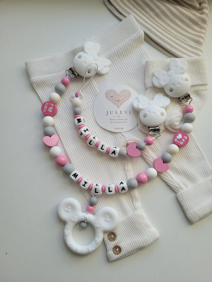 2er-Set mit Namen – Schnullerkette & Kinderwagenkette Maus babyrosa weiss grau