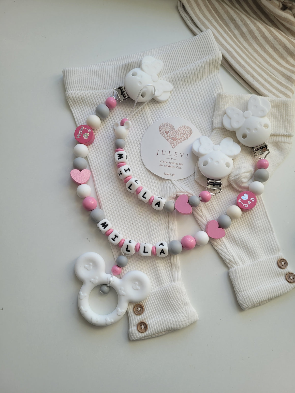 2er-Set mit Namen – Schnullerkette & Kinderwagenkette Maus babyrosa weiss grau