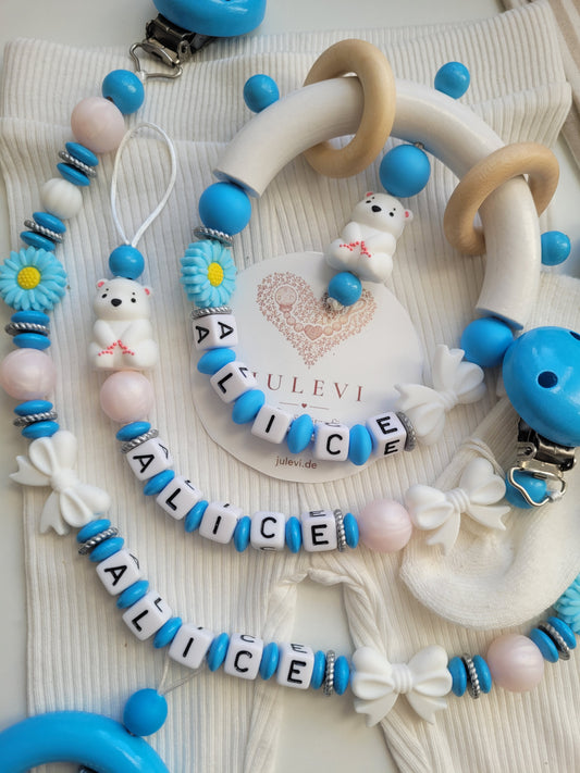 3er-Set mit Namen – Eisbärchen, Blumen & Schleifen blau weiss silber