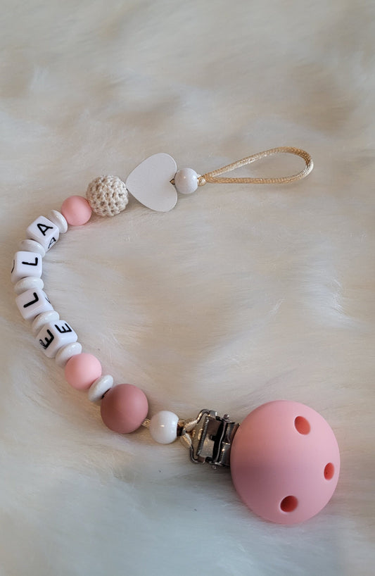 Schnullerkette mit Namen  Herz apricot beige weiss