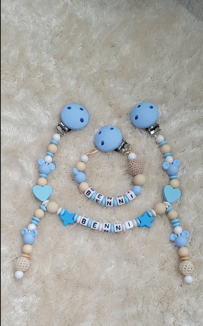 Kinderwagenkette & Schnullerkette Set Baby blue für Jungen beige blau