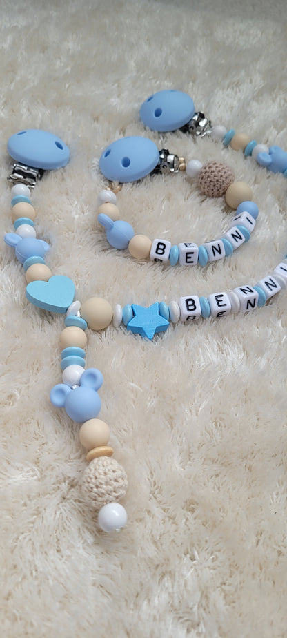 Kinderwagenkette & Schnullerkette Set Baby blue für Jungen beige blau