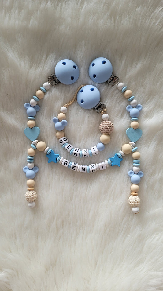 Kinderwagenkette & Schnullerkette Set Baby blue für Jungen beige blau