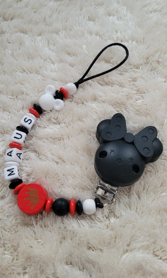 Schnullerkette mit Namen für Mädchen Maus rot schwarz