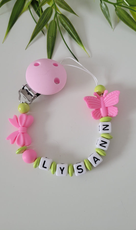 Schnullerkette mit Namen für Mädchen Pink Grün Schmetterling