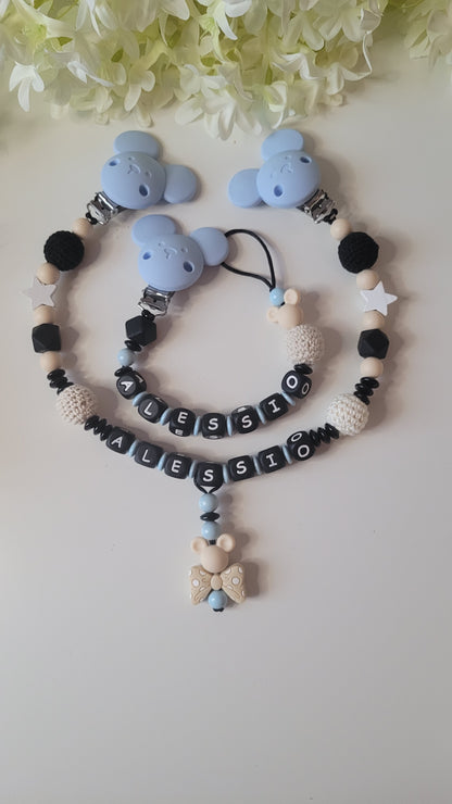 Kinderwagenkette & Schnullerkette mit Namen für Jungen Maus beige Baby blau