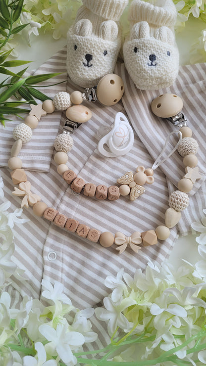 Kinderwagenkette & Schnullerkette mit Namen Minnie Micky cozy beige