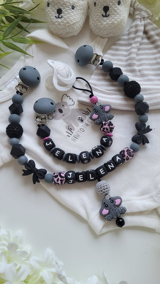 Neue Kollektion Kinderwagenkette & Schnullerkette mit Namen für Mädchen pink schwarz