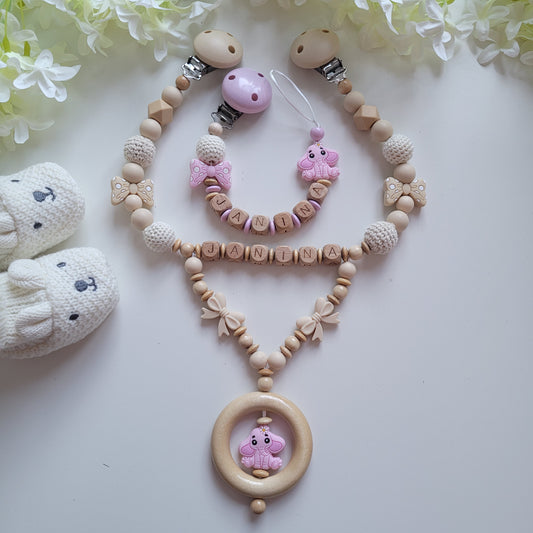 Kinderwagenkette & Schnullerkette mit Namen Mädchen Rosa Elefant