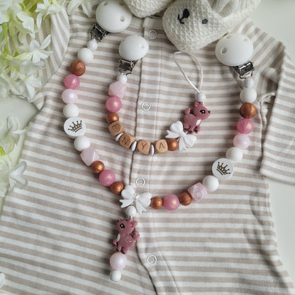 Kinderwagenkette & Schnullerkette mit Namen Mädchen Rehe Rosa Perlmutt Kupfer