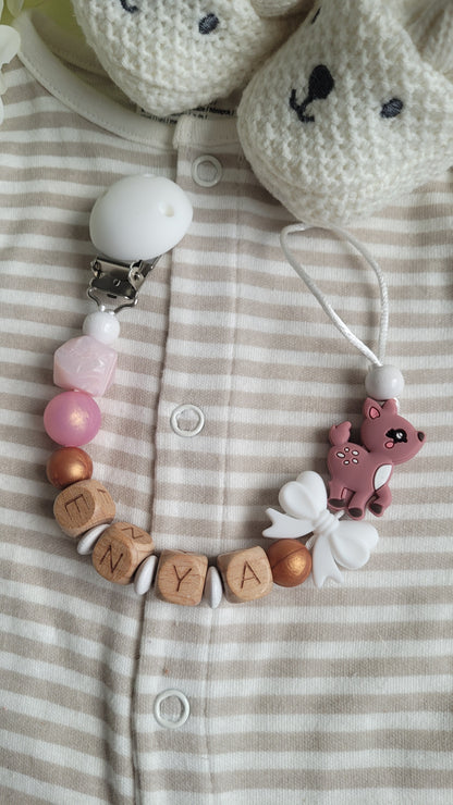 Kinderwagenkette & Schnullerkette mit Namen Mädchen Rehe Rosa Perlmutt Kupfer